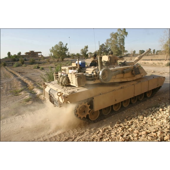 24"x36" Gallery Poster, An M-1A1 Abrams tank kicks up dust as it moves into position during a mortar attack in Fallujah, Iraq, on Aug. 14,