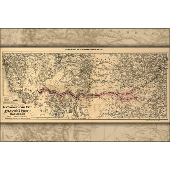24"x36" Gallery Poster, Atlantic & Pacific Railroad Map; Transcontinental Railroad c1883