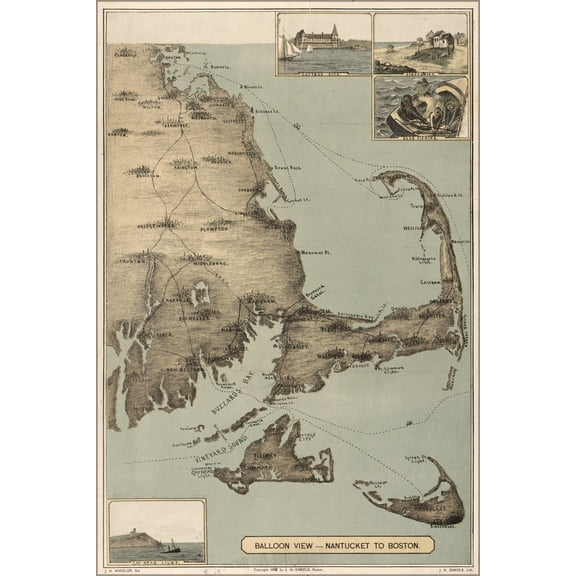 24"x36" Gallery Poster, Balloon view map , Nantucket to Boston 1885