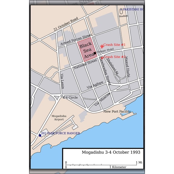 24"x36" Gallery Poster, Battle of mogadishu map of city black hawk down