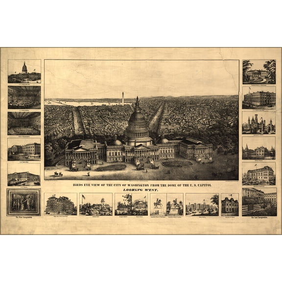 24"x36" Gallery Poster, Birds eye view map of the city of Washington from the dome of the U.S. Capitol late 19th century