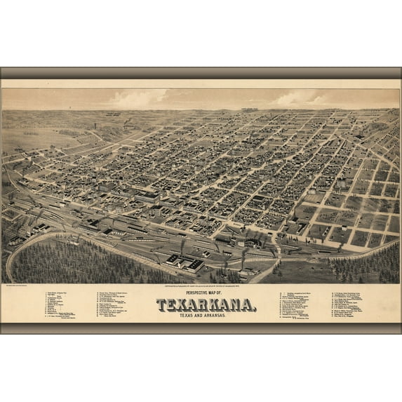 24"x36" Gallery Poster, Birdseye View map of Texarkana Texas & Arkansas 1888 by Henry wellge