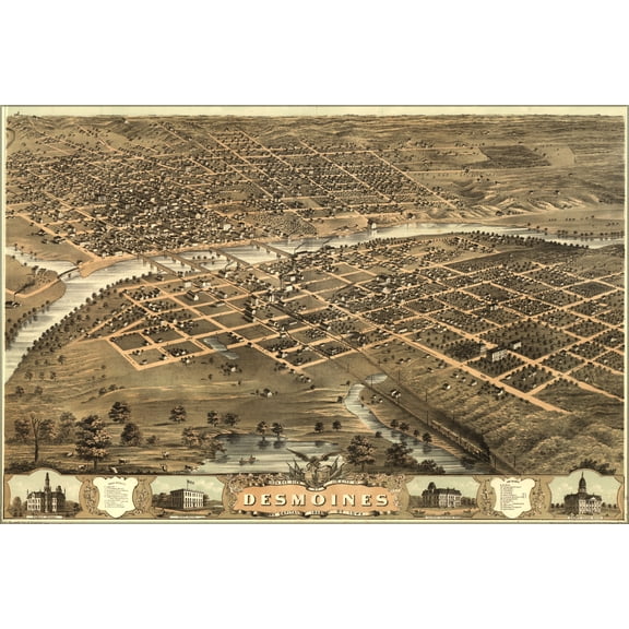 24"x36" Gallery Poster, Birdseye view map of Des Moines, Iowa 1868