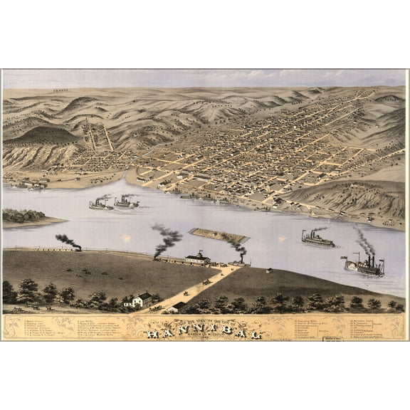 24"x36" Gallery Poster, Birdseye view map of Hannibal, Missouri 1869