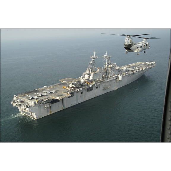 24"x36" Gallery Poster, CH-46 E Sea Knight & amphibious assault ship USS Kearsarge (LHD 3)