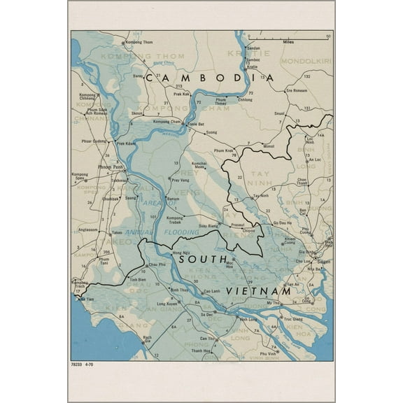 24"x36" Gallery Poster, CIA Map of Cambodia and South Vietnam 1970