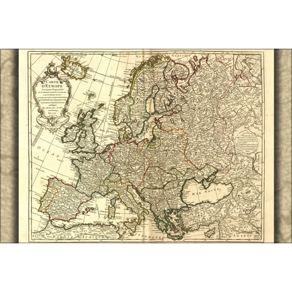24"x36" Gallery Poster, Carte d'Europe map of europe 1769, england france germany