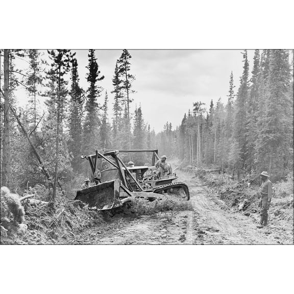 24"x36" Gallery Poster, Caterpillar tractor with grader widening Alcan Highway 1942