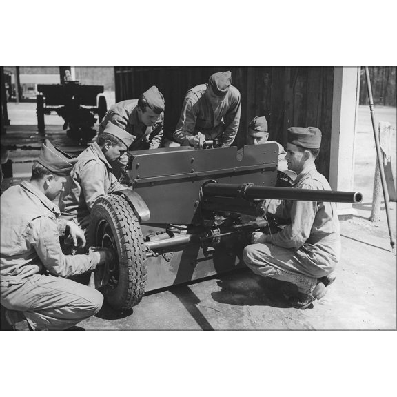 24"x36" Gallery Poster, Crew of 37mm. anti-tank gun, in training at Fort Benning, Georgia, clean and adjust their weapon 1942