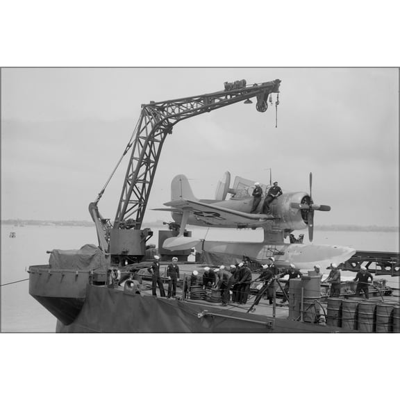 24"x36" Gallery Poster, Curtiss SC Seahawk floatplane on catapult USS Birmingham 1945