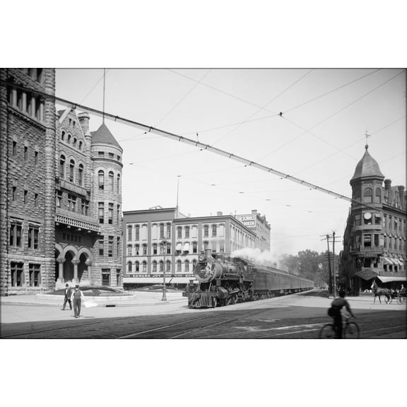 24"x36" Gallery Poster, Empire State Express (New York Central Railroad) coming thru Washington Street, Syracuse, N.Y c1900