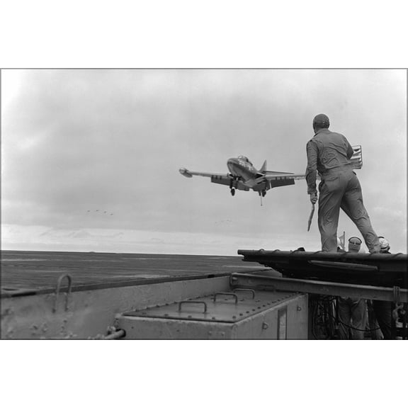 24"x36" Gallery Poster, Grumman F9F-2 Panther f9f landing on CV-21 uss boxer