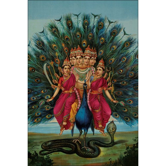 24"x36" Gallery Poster, Hindu deity Karktikeya or Murugan with his consorts on his Vahana peacock