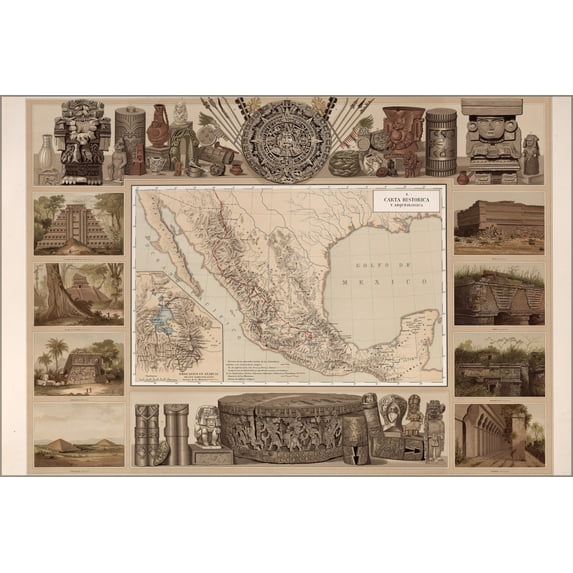 24"x36" Gallery Poster, Historical and Archaeological map of mexico 1885