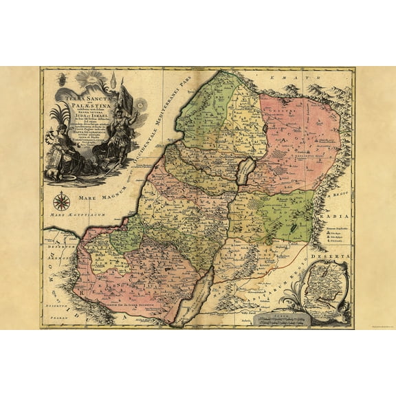 24"x36" Gallery Poster, Holy Land bible map, or Palestine, Judah Israel 12 Tribes Tobias Conrad Lotter, c 1759