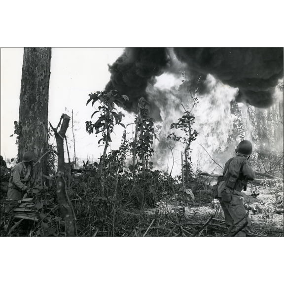 24"x36" Gallery Poster, Japanese pillbox hit by flame thrower goes up in smoke 1944