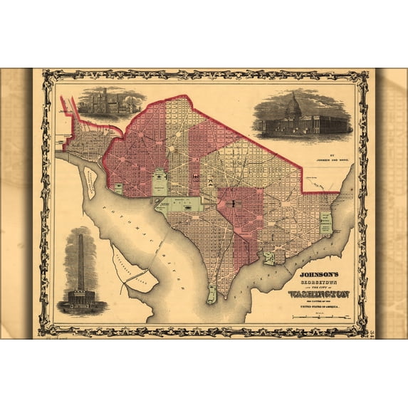24"x36" Gallery Poster, Johnsons map of Georgetown and Washington DC 1862