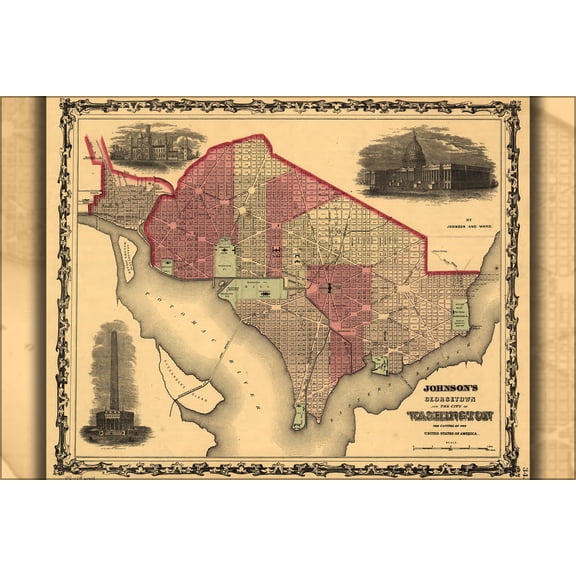 24"x36" Gallery Poster, Johnsons map of Georgetown and Washington DC 1862