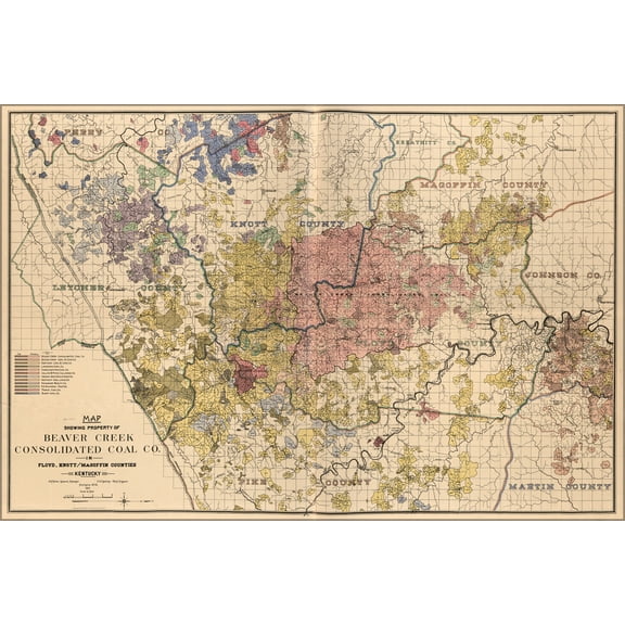 24"x36" Gallery Poster, Map Beaver Creek Cons. Coal Co. Kentucky 1910