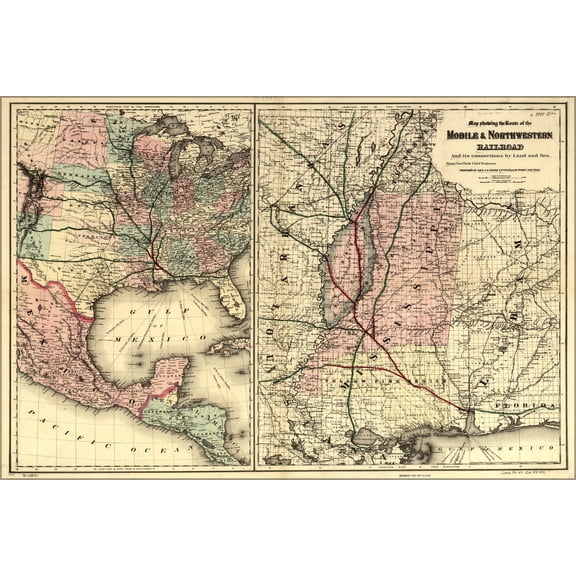 24"x36" Gallery Poster, Map Mobile & North Western Railroad 1871