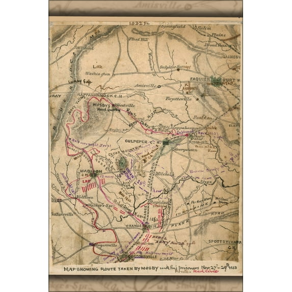 24"x36" Gallery Poster, Map Mosby with his prisoners Nov 27-29 1863