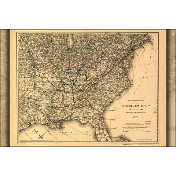24"x36" Gallery Poster, Map Norfolk & Western Railroad 1887