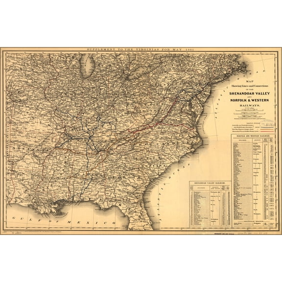 24"x36" Gallery Poster, Map Shenandoah Valley Norfolk Railroad 1881