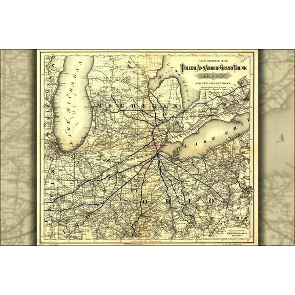 24"x36" Gallery Poster, Map Toledo Ann Arbor Grand Trunk Railroad 1881