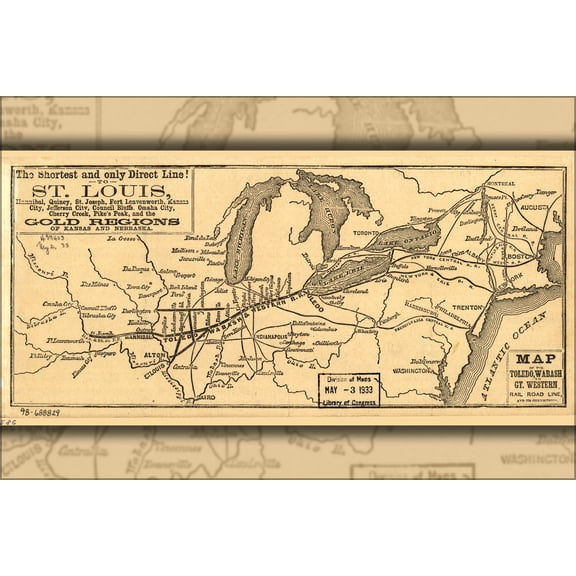 24"x36" Gallery Poster, Map Toledo Wabash Great Western RailRoad 1859