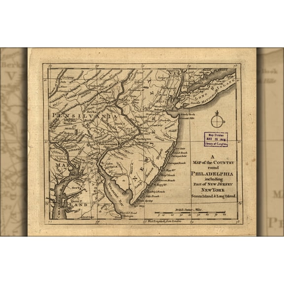 24"x36" Gallery Poster, Map country round Philadelphia pennsylvania 1776