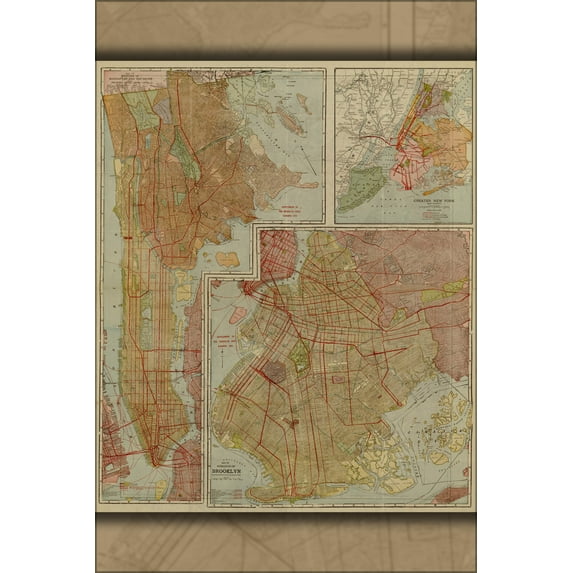24"x36" Gallery Poster, Map manhattan brooklyn bronx new york city 1922