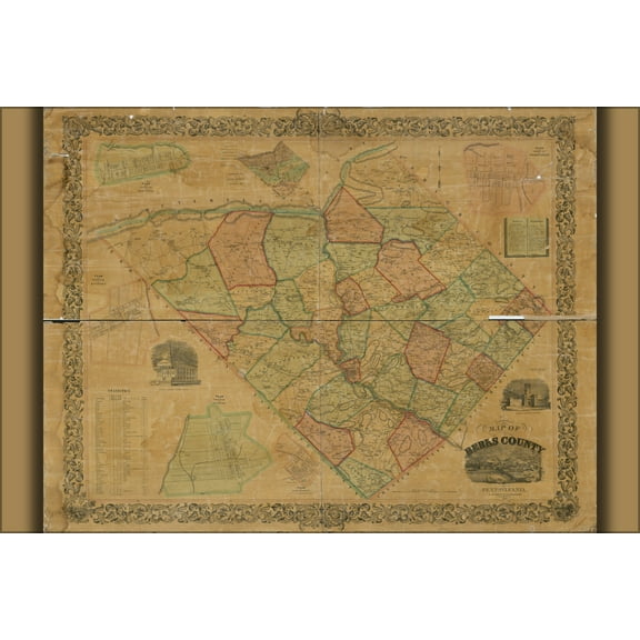 24"x36" Gallery Poster, Map of Berks County, Pennsylvania 1854
