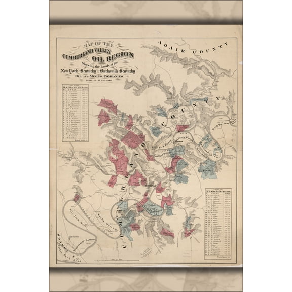 24"x36" Gallery Poster, Map of Cumberland Valley oil region kentucky 1870