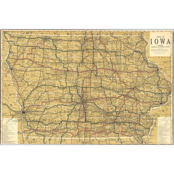 24"x36" Gallery Poster, Map of Iowa Automobile Routes 1920