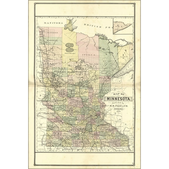24"x36" Gallery Poster, Map of Minnesota 1885