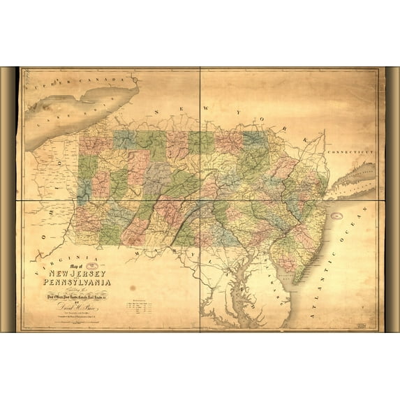 24"x36" Gallery Poster, Map of New Jersey and Pennsylvania 1839