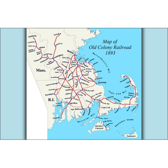 24"x36" Gallery Poster, Map of Old Colony Railroad Network, Massachusetts and Rhode Island, c1893