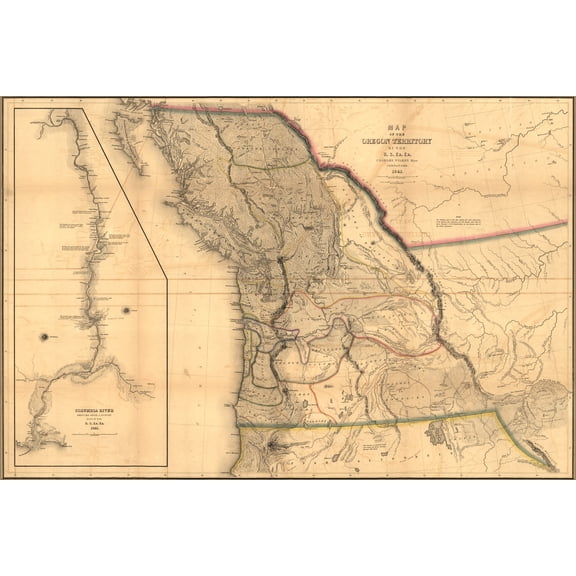 24"x36" Gallery Poster, Map of Oregon Territory; washington state 1844