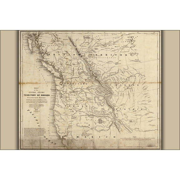 24"x36" Gallery Poster, Map of Oregon washington state California territory 1838