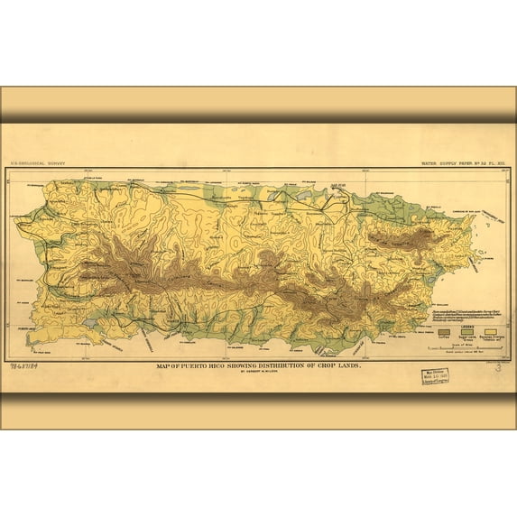 24"x36" Gallery Poster, Map of Puerto Rico crop lands 1899