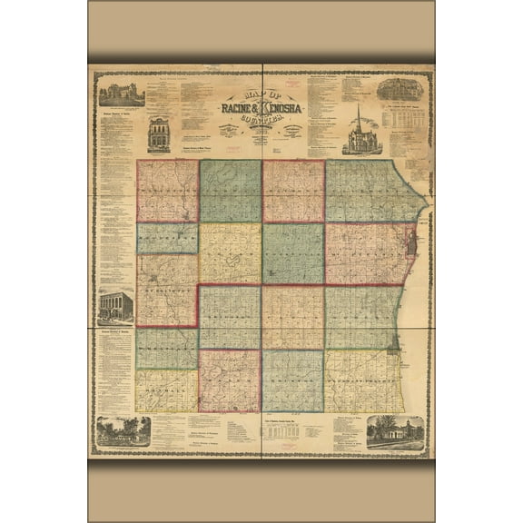 24"x36" Gallery Poster, Map of Racine & Kenosha counties, Wisconsin 1873