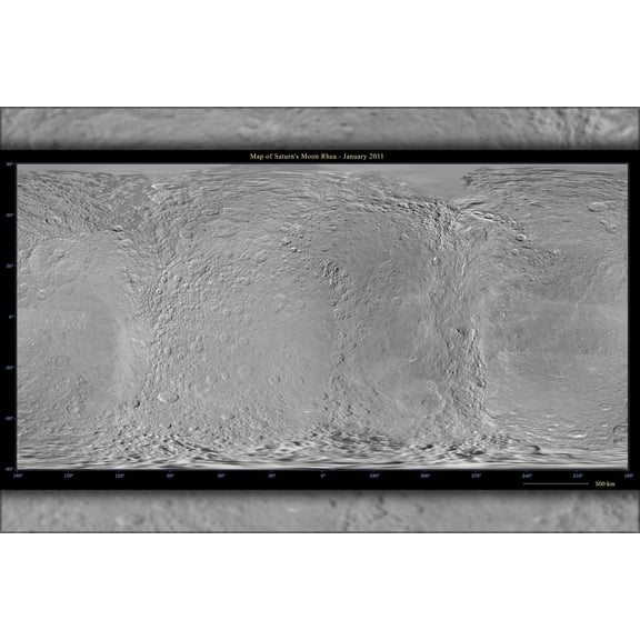 24"x36" Gallery Poster, Map of Saturn Moon Rhea using Cassini & Voyager data