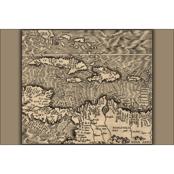 24"x36" Gallery Poster, Map of South Florida Cuba jamaica West Indies 1562 by Diego Gutierrez