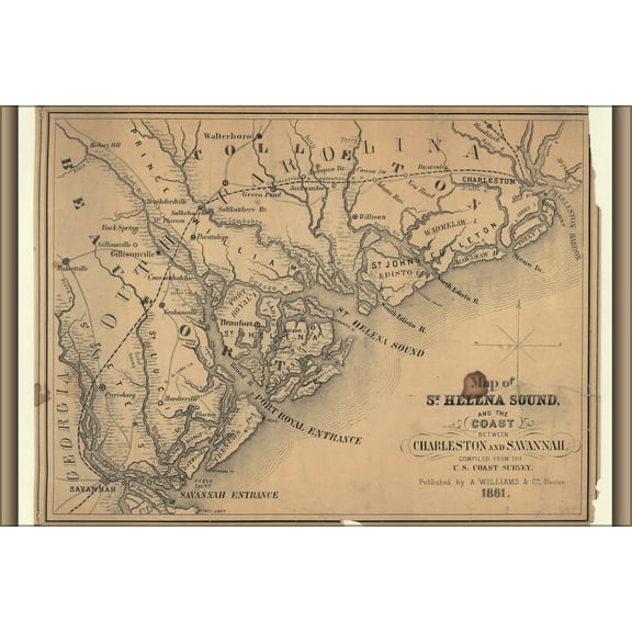 24"x36" Gallery Poster, Map of St. Helena Sound, and the coast between Charleston and Savannah compiled from the U.S. Coast Survey 1861