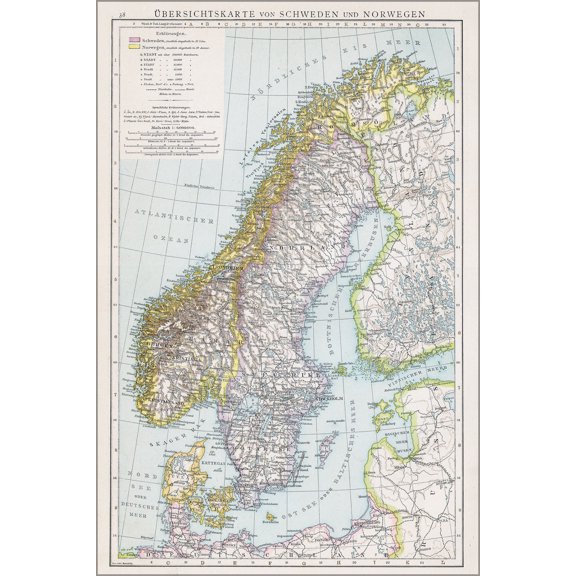 24"x36" Gallery Poster, Map of Sweden and Norway, 1890