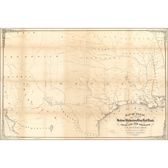 24"x36" Gallery Poster, Map of Texas Sabine Galveston Bay RailRoad, 1859