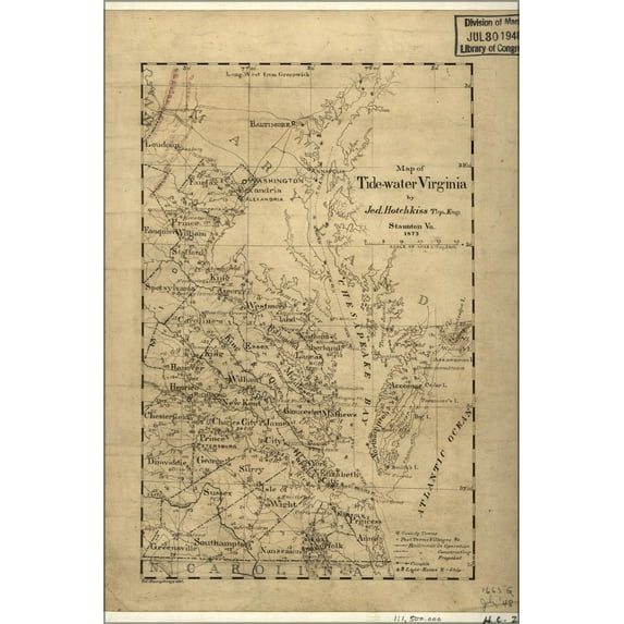 24"x36" Gallery Poster, Map of Tide-water Virginia 1873