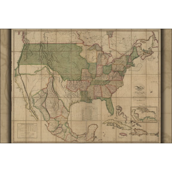 24"x36" Gallery Poster, Map of United States of America & mexico 1820 p2