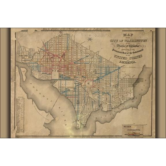 24"x36" Gallery Poster, Map of Washington D.C. road surfaces 1873
