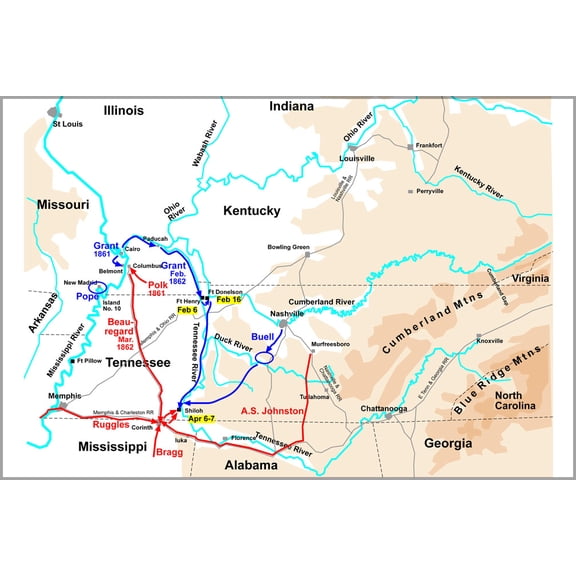 24"x36" Gallery Poster, Map of Western Theater of the American Civil War, from Belmont to Shiloh